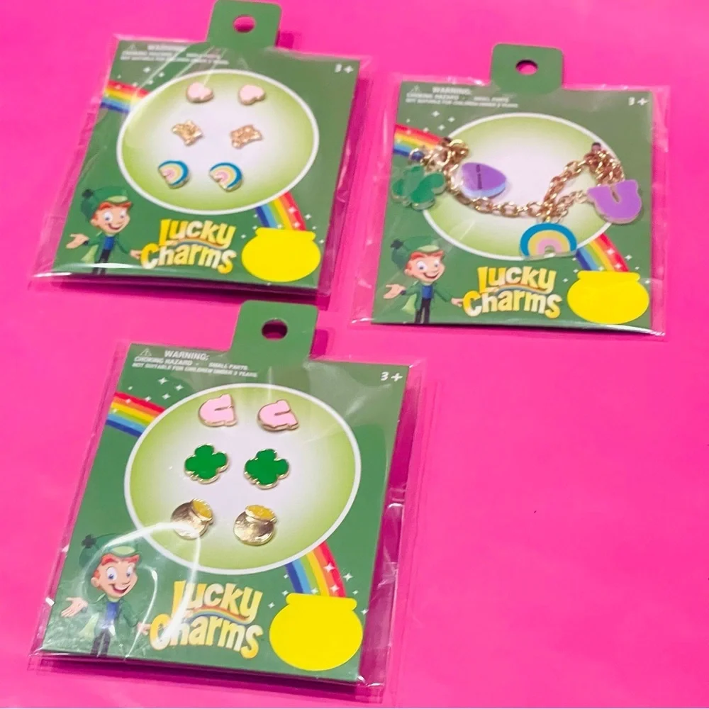 Kids Accessory Set - Lucky Charms Gold Tone Charm Bracelet and Earrings NEW